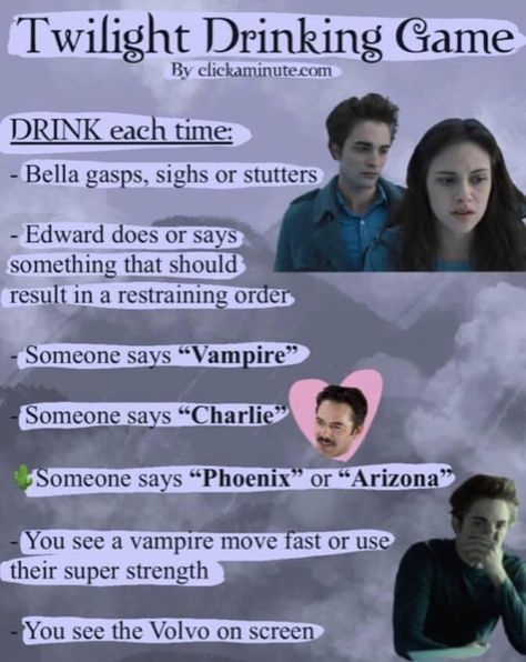 Twilight Movie Drinking Game, New Moon Drinking Game Twilight, Twilight Game Ideas, Drinking Games To Movies, Drinking Games For Movies, Twilight Watch Party Ideas, Twilight Movie Marathon Ideas, Twilight Movie Party, Twilight Saga Party