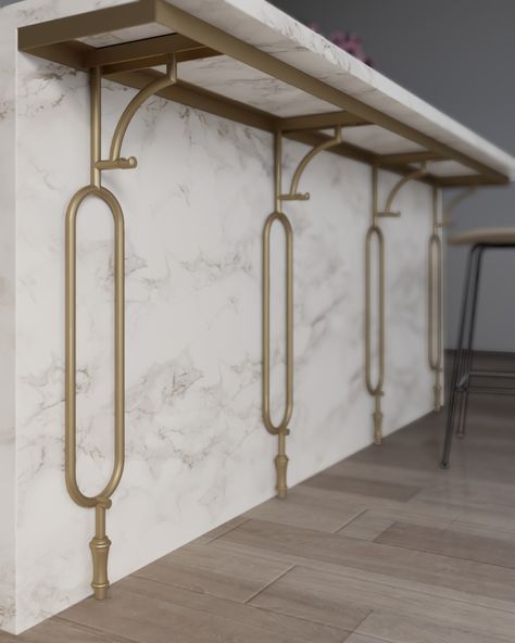 Make Your Countertops, Islands, and Bars sturdy and stylish with Fittings Bar Support System! ✨️⁠ ⁠ Our bar supports are:⁠ ⁠ ✨ Beautifully Handcrafted: Available in gold, nickel, matte black, urban bronze, gunmetal, and white to complement any decor.⁠ ⁠ 💪 Superior Craftsmanship: Solid metal construction ensures a sturdy base for your countertops.⁠ ⁠ 🔧 Customizable: Choose from various height and width options to fit your needs, and if you can't find the right size, we'll customize it for you!... Steel Bar Counter Design, Bar Counter Glass Hanging, Black Gold Bar Design, Black Marble Bar Design, Bistro Shelving, Urban Bronze, Countertop Support, Bar Rail, Table Extension