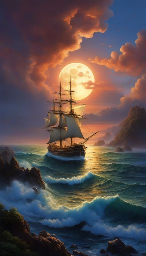 Painting - galleon at moonrise over the Ocean  - AI creation Drawing Borders, Sea Ship, Majin Buu, Maritime Art, View Art, Ship Paintings, Boat Art, Boat Painting, Beautiful Landscape Wallpaper