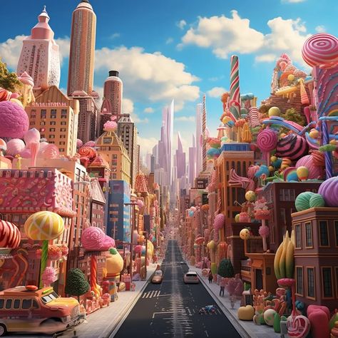 Candy, city , ranbow , colors Candy City Drawing, Candy World Aesthetic, Candyland Aesthetic, Candy City, Candy Landscape, Diwali Painting, Candy World, Living Room Murals, Candy Factory