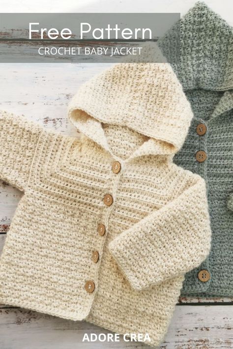 Free crochet pattern for this cute and comfortable crochet baby jacket. The Jacket is made soft alpaca. It is easy and fast to crochet, as it is made from the top down. #crochetbabyjacket #crochetbabyclothes #crochetbabysweaters #crochetforbaby #crochetpatternsforbaby #freecrochetpattern Free Knitting Patterns For Newborns, Newborn Crochet Cardigan Pattern Free, Newborn Sweater Crochet Pattern Free, Crochet Baby Boy Sweater Free Pattern, Crochet Newborn Patterns, Baby Boy Crochet Patterns, Crochet Baby Sweaters Free Patterns, Free Crochet Baby Sweater Patterns, Baby Crochet Clothes