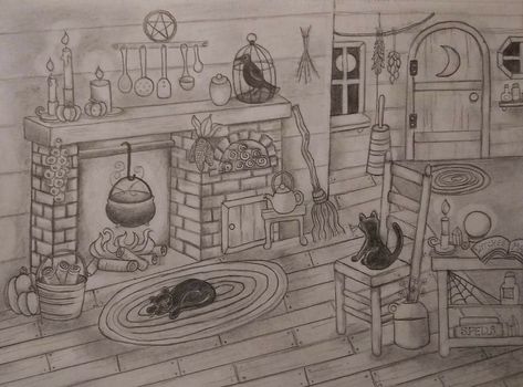 Inside Cottage Drawing, Witch Room Drawing, Witch Cottage Drawing, Witches Fireplace, Cottage Drawing Fairytale, Witchy Sketchbook, Witch House Drawing, Witch Cottage Interior, Cottagecore Drawing