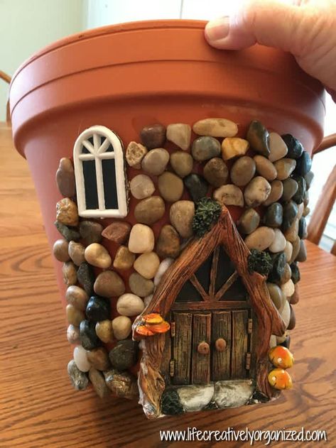 fairy-house-stones Fairy House Planter, Diy Fairy House, Whimsical Diy, House Planter, Terra Cotta Pot Crafts, Fairy House Diy, Fairy Garden Crafts, Astuces Diy, Fairy Garden Houses