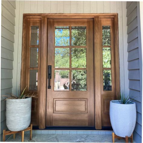 Cedar Door Front Entry, Craftsman Front Door With Sidelights, Wood Front Door With Sidelights, Front Door With Side Windows, Transitional Front Door, Farmhouse Front Doors, Wide Front Door, Grand Entry Doors, Exterior Doors With Sidelights