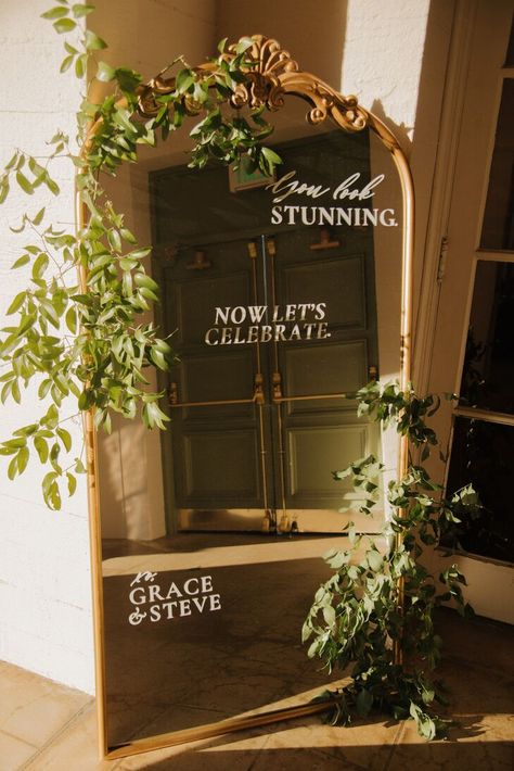 Gold-Frame Mirror Welcome Sign, Custom Text and Ample Greenery Gold Frame Mirror Wedding Sign, Full Body Mirror Wedding, Gold Arch Mirror Wedding Sign, Wedding Welcome Sign Mirror Vintage, Antique Mirror Wedding Sign, Gold Wedding Mirror, Gold Mirror Welcome Sign Wedding, Welcome Mirror Wedding, Wedding Gold Mirror