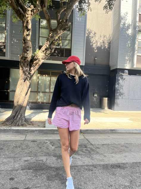 red and blue outfit fall inspiration boxer short trend Boxer Short Outfits, Boxers Outfit Female, Boxer Shorts For Women Outfit, Pajamas Shorts Outfit, Red Shorts Outfit, Boxer Outfit, Striped Shorts Outfit, Boxer Shorts Outfit, Boxer Shorts For Women