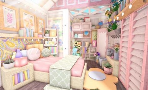 Bloxburg House Ideas Hello Kitty, Bloxburg Pastel Bedroom, Loft Bedroom Bloxburg, Bedroom Ideas Danish Pastel, Bloxburg Rooms, Bloxburg Bedroom Ideas, Bloxburg Building, Preppy House, Bloxburg Bedroom