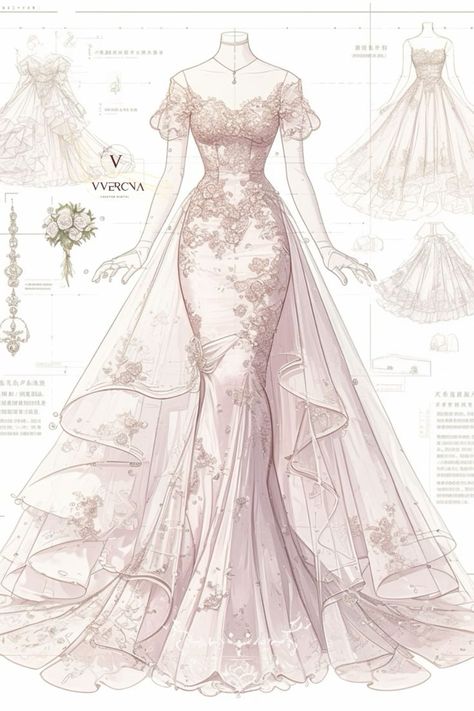 Wedding Dresses Anime, Anime Wedding Dress Drawing, Wedding Dress Drawings, Beautiful Gown Designs, Fairytale Forest, Fairytale Gown, Dress Design Drawing, Clothing Design Sketches, Character Traits