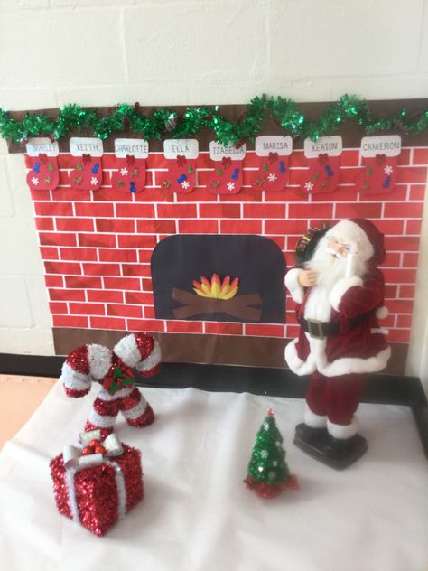 Fireplace Classroom Door, Fireplace Boxes, Fireplace Classroom, 3d Fireplace, Holiday Classroom Doors, Elf Classroom, Diy Brick Wall, Brick Paper, Bulletin Board Paper