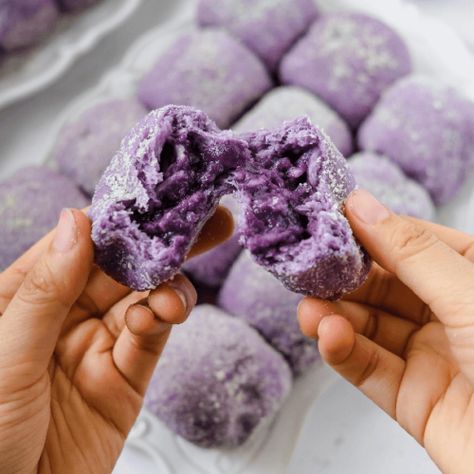 Ube Mochi Recipe, Ube Mochi, Catherine Zhang, Ube Recipes, Sweet Bread Rolls, Japanese Bread, Mochi Ice Cream, Purple Yam, Pink Food Coloring