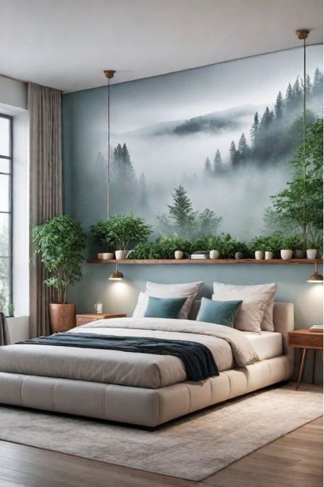 Shelving Bedroom Wall, Cool Bedroom Wallpaper, Mountain Aesthetic Room, Bedroom Building Ideas, Moss Wall Bedroom, Room Wall Painting Bedrooms, Bedroom Ideas Hotel Style, Wallpapers For Bedroom Walls, Bedroom Ideas With Wallpaper