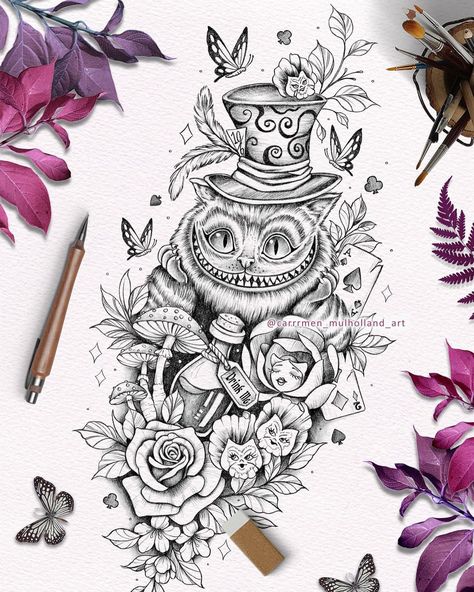 I create custom tattoo designs 🍄Cheshire Cat and everything wonderland for Cassandra 🫖Thank you for giving me such freedom with this design! Contact me via DM for custom designs 🍄 #cheshirecat #aliceinwonderland #cheshirecattattoo #aliceinwonderlandtattoo #pencilsketching #artoftheday #sketchoftheday #tattoodesigner #artworld #tattooideas #handdrawnart Alice In Wonderland Tattoo Sleeve, Cheshire Cat Drawing, Simple Cat Tattoo, Tattoo Gato, Cheshire Cat Tattoo, Alice In Wonderland Tattoo, Alice And Wonderland Tattoos, Cheshire Cat Alice In Wonderland, Alice In Wonderland Drawings