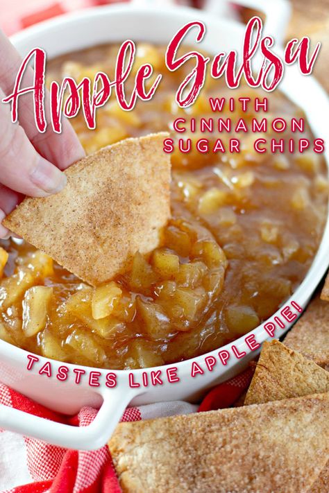 Apple Pie Dip with Cinnamon Sugar Chips is a super fun twist on the classic flavors of apple pie. Sweet apples simmered with cinnamon and sugar until soft and perfectly scoopable with homemade cinnamon sugar tortilla chips that you bake in the oven until crisp--you'll love this sweet salsa for a snack, appetizer, or dessert! Apple Pie Salsa, Apple Salsa Recipe Canning, Apple Salsa Recipe, Cinnamon Sugar Chips, Cinnamon Sugar Tortilla, Apple Pie Dip, Apple Dip Recipe, Apple Salsa, Sweet Salsa