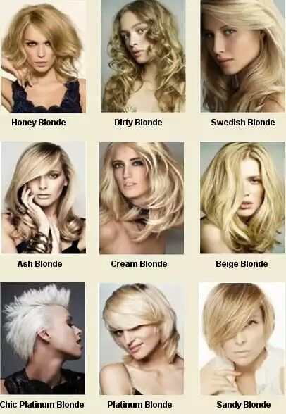 nd/e (male/female) - ash blonde; strawberry blonde; platinum blonde; flaxen; honey-coloured; towheaded; light blonde; yellow-brown; fair-haired; champagne; tawny-gold; golden-haired; yellow-haired; Blonde Color Chart, Blond Ash, Types Of Blondes, Blonde Bayalage, Blonde Lowlights, Blonde Ombre Balayage, Honey Blond, Beige Blond, Going Blonde