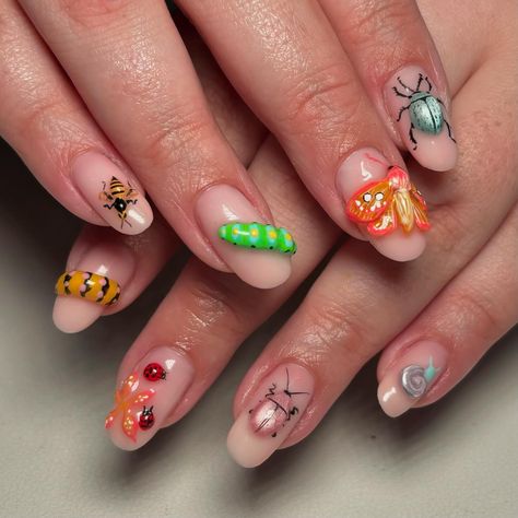 🐞🐛🪲🐜 #gelnails #3dnailart #bugnails #creativenails #buildergel #naturalnails #aznails #nailartist #phoenixnails Insect Nails Art Designs, Beetle Nails, Nails Junk, Bee Nail Designs, Bug Nails, Bumble Bee Nails, Unique Nail Art Designs, Nail Salon Interior Design, Nail Salon Interior