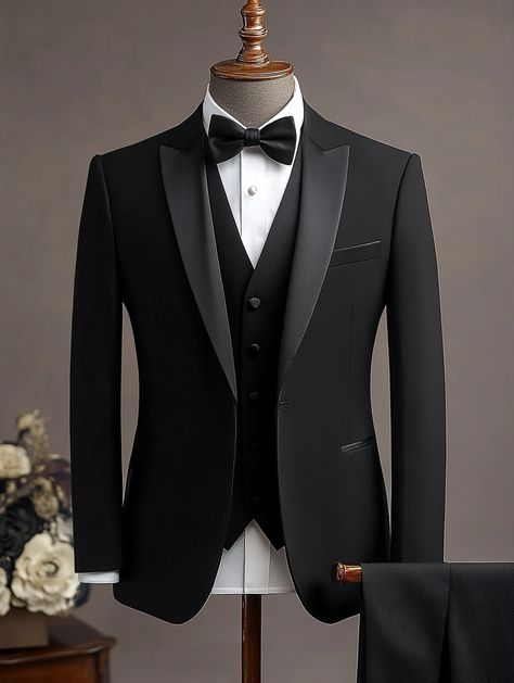 Suit up for any occasion with SuitCentury. Whether it's a wedding, a business meeting, or a special night out, our tailored suits ensure you look sharp and stylish. Elevate your wardrobe and make every event unforgettable with the perfect suit.   #EventReady #commonsuits #blacktie #tuxed #menswear #bespoke #tailor #commonsuitsid Black Tuxedo Suit For Men, Black Wedding Tuxedo Groom Attire, Gala Night Outfit Men, Black Suit For Groom, Black Tuxedo For Men, Wedding Tuxedo For Groom, Black Wedding Tuxedo, Tuxedo For Men Wedding, Black Tuxedo Wedding