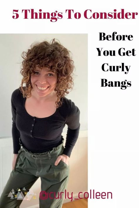 5 Things To Consider Before You Get Curly Bangs | Colleen Charney Damaged Curly Hair, Curly Hair Fringe, Curly Fringe, Wavy Bangs, Curly Hair Care Routine, Natural Curly Hair Cuts, Medium Curly, Curly Bangs, Medium Curly Hair Styles