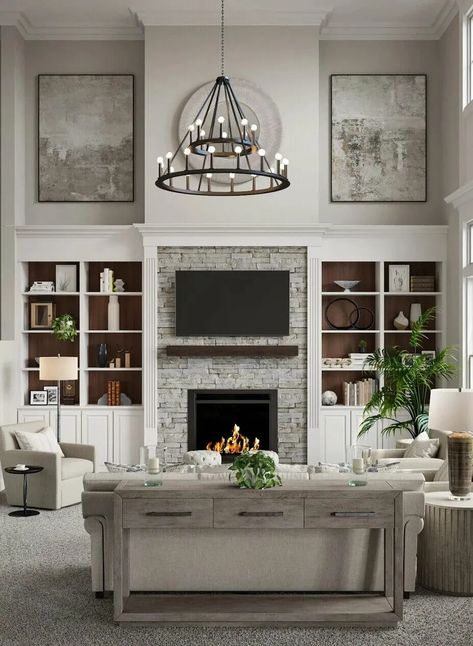 Before and After: Transitional Great Room Ideas - Decorilla Transitional Great Room Ideas, 2 Story Great Room Ideas, Restoration Hardware Living Room Ideas, Two Story Fireplace Wall, Transitional Great Room, Two Story Family Room, Great Room Ideas, 2 Story Family Room, Two Story Living Room