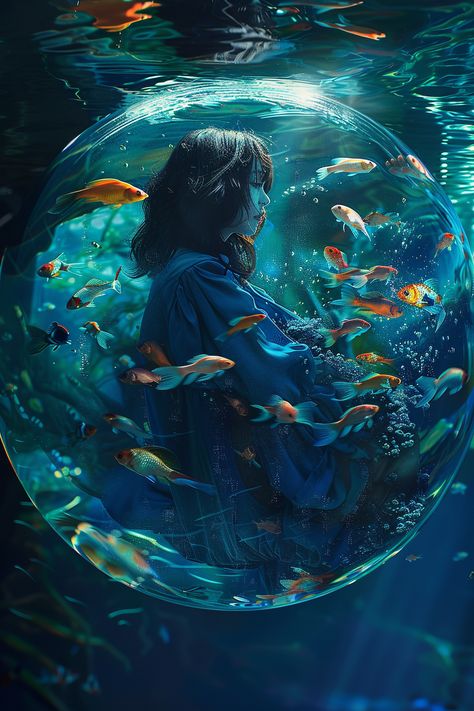 Digital Artwork: Woman in Sphere with Betta Fish Life In A Fishbowl, Underwater Life Painting, Deep Sea Painting Underwater, Underwater Surrealism, Underwater Photography Women, Sea Surrealism, Ocean Surrealism, Deep Sea Painting, Fish Digital Art