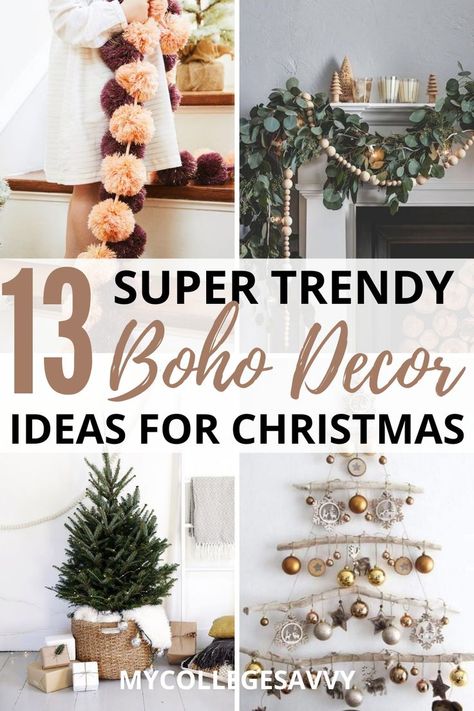 I'm so in love with the boho christmas aesthetic. I definitely want to try this boho Christmas garland in my apartment this year. Natal, Boho Christmas Decor Ideas, Christmas Dorm Decorations, Dorm Christmas, Decor Ideas For Christmas, College Christmas, Boho Decor Ideas, Boho Christmas Tree, Boho Tree