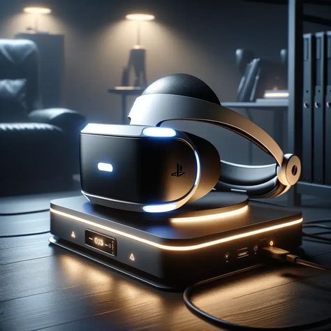 A modern 3-in-1 charging dock stand displaying a PSVR2 headset and controllers being charged. The stand features an electrifying blue charge effect and multicolored LED indicators, showcasing a stylish and functional charging setup for PlayStation VR2 accessories. Vr Technology, Charging Stations, Play Station, Vr Games, Cool Tech, Charging Station, Do You Need, Playstation, Headset