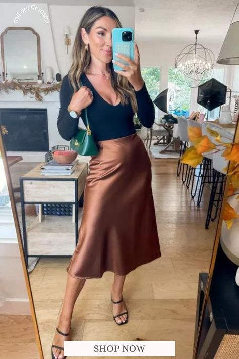 How to Style a Satin Midi Skirt for Fall. Fall Fashion Inspo! Brown Silk Midi Skirt, Midi Skirt Outfit Dressy, Satin Midi Skirt Outfit Evening, Midi Skirt Outfit Wedding Guest, Thanksgiving Outfit With Skirt, Silky Skirt Outfit Fall, Brown Silk Midi Skirt Outfit, Womens Midi Skirt Outfit, Silk Skirt Thanksgiving Outfit