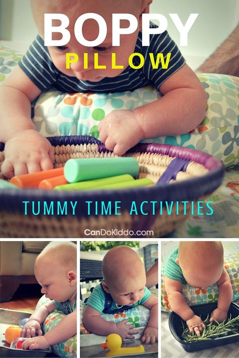 Tons of Boppy Pillow Tummy Time activities for baby play. Great tips from a pediatric Occupational Therapist and mom - reduce risks of Flat Head Syndrome (Plagiocephaly) and promote development and baby milestones. CanDoKiddo.com Tummy Time Activities, Baby Play Activities, Boppy Pillow, Newborn Hacks, Cool Baby, Baby Tips, Time Activities, Baby Sensory, Baby Time