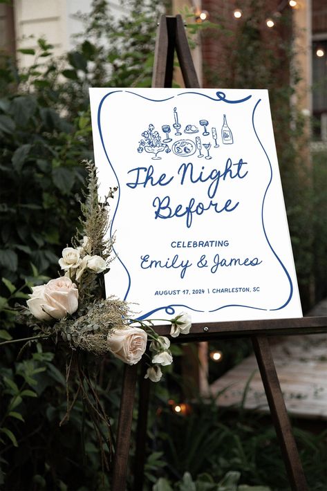 Made just for you to put up at your whimsical wedding rehearsal dinner, this custom the night before sign is the perfect way to welcome wedding party! Perfect for any blue wedding rehearsal dinner, personalize this custom hand drawn rehearsal dinner welcome sign with your names, rehearsal dinner date, and location for a gorgeous addition to your whimsical wedding rehearsal dinner decorations! ♥ SIZES ~ 12x18 inches ~ 18x24 inches ~ 24x36 inches ♥ SIGN MATERIALS ~ Foam board Foam board signs are Rehearsal Dinner Ideas Backyard, Poolside Rehearsal Dinner, Canvas Welcome Sign Wedding, The Night Before Napkins, Welcome Sign Rehearsal Dinner, Blue Rehearsal Dinner Decor, The Night Before Wedding Sign, Whimsical Wedding Signage, Rehersal Dinner Signage