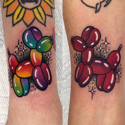 Such a fantastic pair of #balloon #dog #tattoos by the one-and-only @goldlagrimas ! Be sure to check out Roberto's rad portfolio of… | Instagram Patchwork, Kawaii Tattoos, Lisa Frank Tattoo Small, Filler Tattoos, Animal Tattoos For Women, Candy Tattoo, Baby Tattoo Designs, Balloon Tattoo, Bright Tattoos