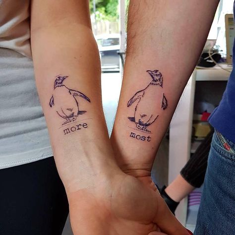 Matching Penguin Tattoos Couples, Matching Penguin Tattoo, Penguin Tattoo Couple, His And Hers Tattoos, Penguin Tattoos, Married Couple Tattoos, Unique Infinity Tattoo, Pair Tattoos, Couple Tattoo Ideas