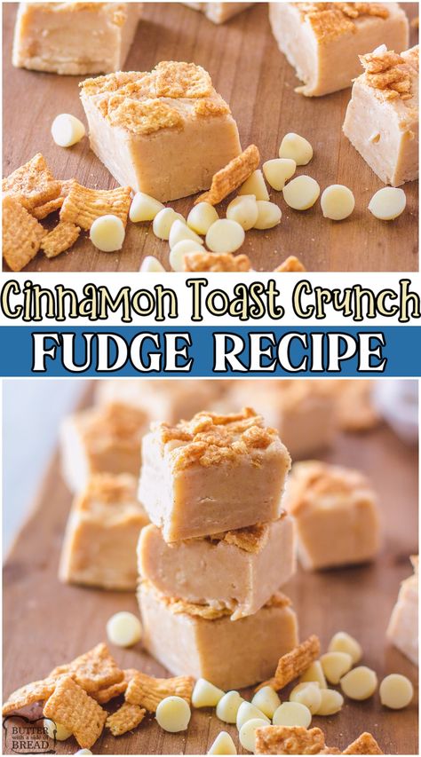 Cinnamon toast crunch fudge made easy with white chocolate, sweetened condensed milk & Cinnamon toast Crunch cereal! Fun & tasty cinnamon fudge with crunchy cereal topping that everyone loves! #fudge #cinnamon #whitechocolate #cereal #candy #dessert #easyrecipe from BUTTER WITH A SIDE OF BREAD Cinnamon Fudge Recipe, Cinnamon Toast Crunch Recipes, Cinnamon Toast Crunch Fudge, Cinnamon Toast Crunch Truffles, Cinnamon Toast Crunch Dessert, Cinnamon Fudge, Chocolate Sweetened Condensed Milk, Cinnamon Toast Crunch Cereal Bars, Cinnamon Toast Crunch Treats