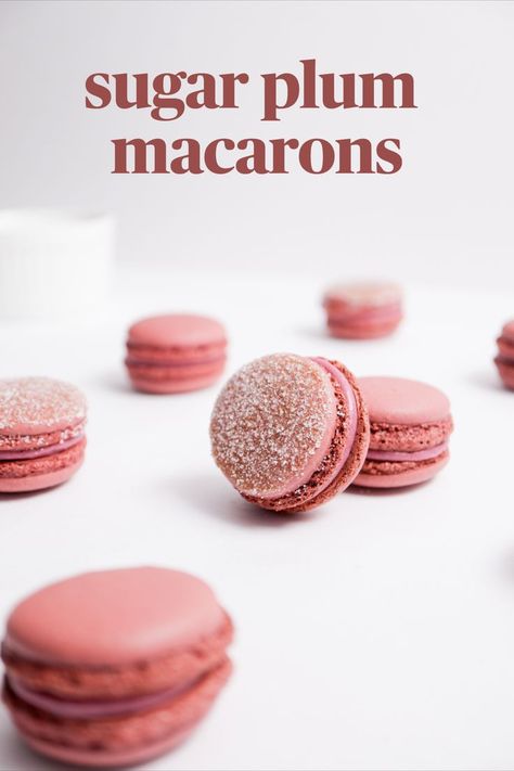 purple plum macarons on white surface White Chocolate Ganache Filling, Macaroon Filling, Plum Dessert, French Macaroon Recipes, Christmas Macarons, Macarons Macaroons, Ganache Filling, Chocolate Ganache Filling, Macaron Flavors