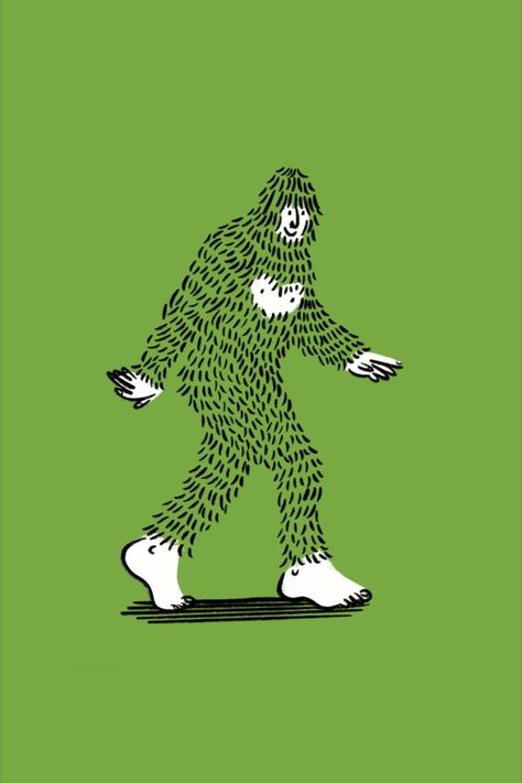 Black and white cartoon character of bigfoot on a green background. Bigfoot Illustration, Energy Illustration, Farm Mural, Baby Grinch, Graphic Elements, Art Block, Game Design, Creative Professional, Card Games