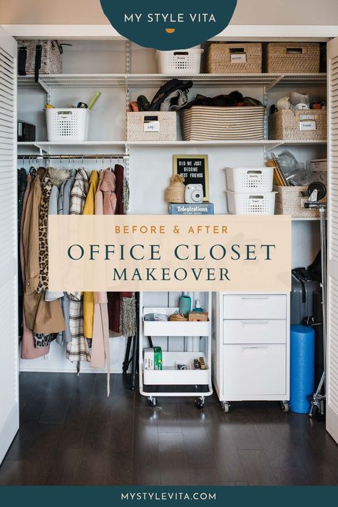 Before & After - Home Office Closet Makeover | My Style Vita #oranizingtips #closetcleanout #springcleaning Office Storage In Closet, Closet Organization Ideas Office, Closet For Office Storage, Closet Storage For Office, Multipurpose Closet Organization, Office Storage Closet Organization, Small Office Closet Organization, Office Closet Storage Ideas, Spare Closet Organization