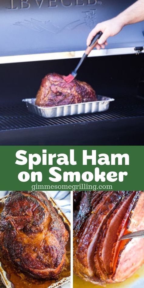 A delicious spiral ham that is double smoked and brushed with a glaze and perfect for the holidays! Make this for dinner! #dinner #recipe Spiral Ham On Pellet Smoker, Smoked Spiral Ham, Cooking Spiral Ham, Smoked Ham Recipe, Smoker Recipes Electric, Traeger Cooking, Pellet Smoker Recipes, Spiral Sliced Ham, Traeger Grill Recipes