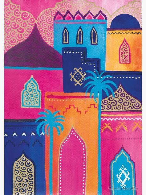 "Colorful Moroccan City" Poster by CarolinBentbib | Redbubble Islam Art Aesthetic, Moroccan Art Pattern, Morocon Art, Morocco Art Moroccan Design, Art Trends 2024, Moroccan Mural, Moroccan Illustration, Ramadan Painting, Moroccan Paintings