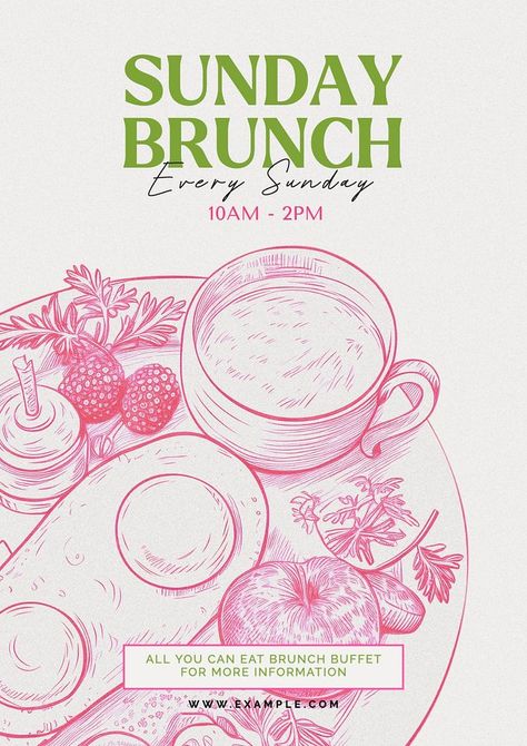 Sunday Market Poster, Tea Party Poster Design, Food Posters Illustration, Brunch Poster Design Ideas, Korean Food Social Media Design, Poster Design Company, Art Sale Poster, Brunch Flyer Ideas, Cafe Design Poster