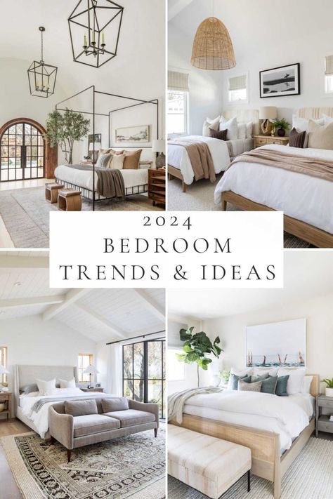 Beautiful bedroom ideas and trends for 2024, with design inspiration for decorating a master bedroom, small bedrooms, guest room decor, organic modern spaces, and more Scandinavian Farmhouse Bedroom, Masterbedroom Neutral Luxury, Modern Neutral Bedroom Decor, Master Bedrooms 2024 Trends, 2024 Bedroom Trends, Modern Cozy Bedroom Neutral, Primary Bedroom Decor, Primary Bedroom Ideas, Contemporary Bedroom Ideas