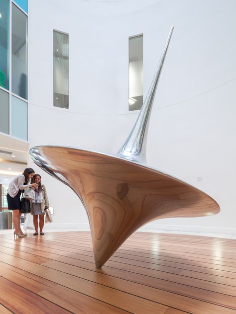 Spin, 2015 - Spin is a site-specific sculpture in the form of a spinning top at the iconic Ark Building in Hammersmith. The building sits on ancient Neolithic settlements that would have occupied this area of London. The spinning top is one of the oldest recognisable toys found on the site so was the perfect inspiration for the sculpture. Installation Art Ideas, Spin Art, Public Sculpture, The Ark, Artistic Installation, Spinning Top, Art Simple, Big Art, Grid Design