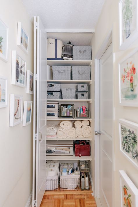 Storage Closet Organization & Bathroom Makeover | Katie's Bliss Organiser Son Dressing, House Closet, Bathroom Closet Organization, Organized Closet, Hallway Closet, Closet Hacks Organizing, Closet And Bathroom, Diy Bathroom Storage, Bedroom Organization