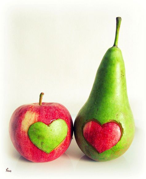 It doesn't matter in love.  Colour, shape, height or class doesn't make a difference! by Pink Flutterby ƸӜƷ © OFF, via Flickr Fruit Hearts, Love Decorations, Creative Food Art, Fruit Carving, I Love Heart, Apple Pear, Foto Art, Fruit Art, Fruit And Veg