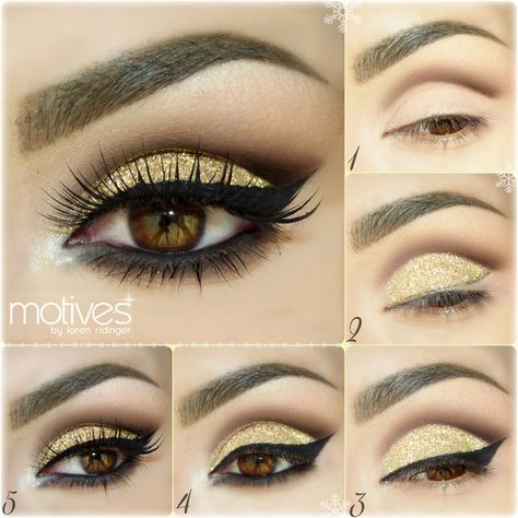 INSTAGRAM @auroramakeup  Products MOTIVESCOSMETICS avalilable in :  http://www.motivescosmetics.com/  and  http://global.shop.com/  STEP1. // PASO1. Apply Eye Shadow Base  Draw your socket line with Khol Eyeliner in COFFEE , blend it out and set it with Pressed Eye Shadow in HOT CHOCOLATE. Aplica la Prebase de Sombras Dibuja la linea del globo ocular con el delineador cafe oscuro COFFE , sella y difuminalo con la sombra cafe oscuro HOT CHOCOLATE   STEP2. // PASO2. Draw a line where will be your Gold Glitter Eyeshadow, Eye Makeup For Brown Eyes, Glitter Makeup Tutorial, Khol Eyeliner, Golden Eyeshadow, Dramatic Wedding Makeup, Dramatic Smokey Eye, Eyeshadow For Brown Eyes, Dramatic Eye Makeup