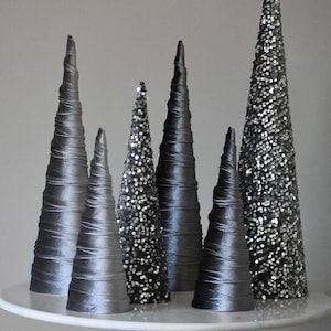 Christmas Cones, Fabric Tree, Cone Trees, Cone Christmas Trees, Grey Christmas, Christmas Mantel Decorations, Holiday Display, Red Tree, Silver Tree