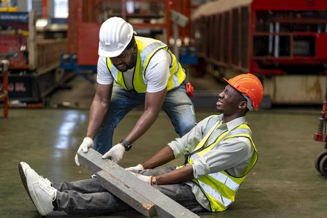 African American factory worker having accident while working in manufacturing site while his colleague is helping  for safety workplace and emergency concept Safety Workplace, Work Accident, Factory Worker, Youtube Banners, Logo Banners, Marketing Design, Custom Illustration, Custom Branding, Custom Packaging