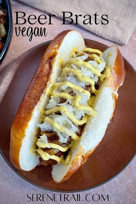 Beer Brats, Vegan Grilling, Pork Bacon, Onion Sauce, Vegan Milk, Vegan Sausage, Sweet And Savory, Delicious Vegan Recipes, Vegan Recipes Easy