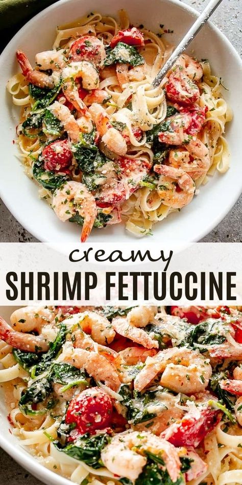 Whip up this Creamy Shrimp Fettuccine Pasta coated in a light and creamy sauce mixed with spinach and cherry tomatoes for a quick and delicious weeknight dinner! Shrimp Recipes For Dinner Pasta Cherry Tomatoes, Creamy Shrimp And Spinach Pasta, Creamy Shrimp Fettuccine Pasta, Pasta With Shrimp And Tomatoes, Creamy Fettuccine Pasta, Pasta With Shrimp And Spinach, Shrimp Fettuccine Recipes, Shrimp Pasta Recipes Creamy, Diethood Recipes