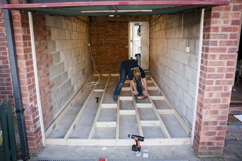 Garage Conversion - securing floor joists | Partially raised… | Flickr Diy Garage Conversion, Garage Room Conversion, Garage Conversion To Family Room, Garage Bedroom Conversion, Garage Extension, Garage Transformation, Garage Solutions, Garage To Living Space, Garage Floor Paint