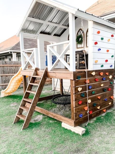 Play Set Landscaping – Backyard Makeover - davidreed.co Play Set Landscaping, Kids Playhouse Outdoors, Kids Backyard Playground, Play Area Backyard, Backyard Kids Play Area, Landscaping Backyard, Tree House Diy, Backyard Playhouse, Diy Playground