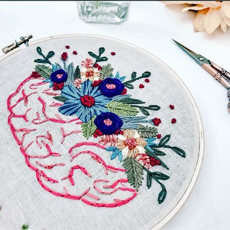 Embroidery Psychology, Brain Embroidery Pattern, Therapist Embroidery, Mental Health Embroidery, Brain Embroidery, Human Library, Left And Right Brain, Lab Art, Labs Art