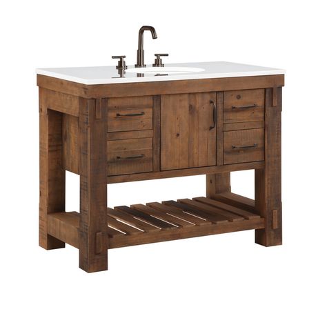 Highbury Furnishings 42'' Free-standing Single Bathroom Vanity with Quartz Vanity Top & Reviews | Wayfair Farmhouse Bathroom Vanity, Quartz Vanity Tops, Merola Tile, Double Bathroom Vanity, Kitchen Mirror, Bathroom Vanity Set, Single Bathroom, White Quartz, Plumbing Fixtures